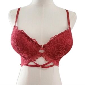 BEBE Push-Up Bralette Intimates Lace Bra Rose Red Back Closure Size 36B